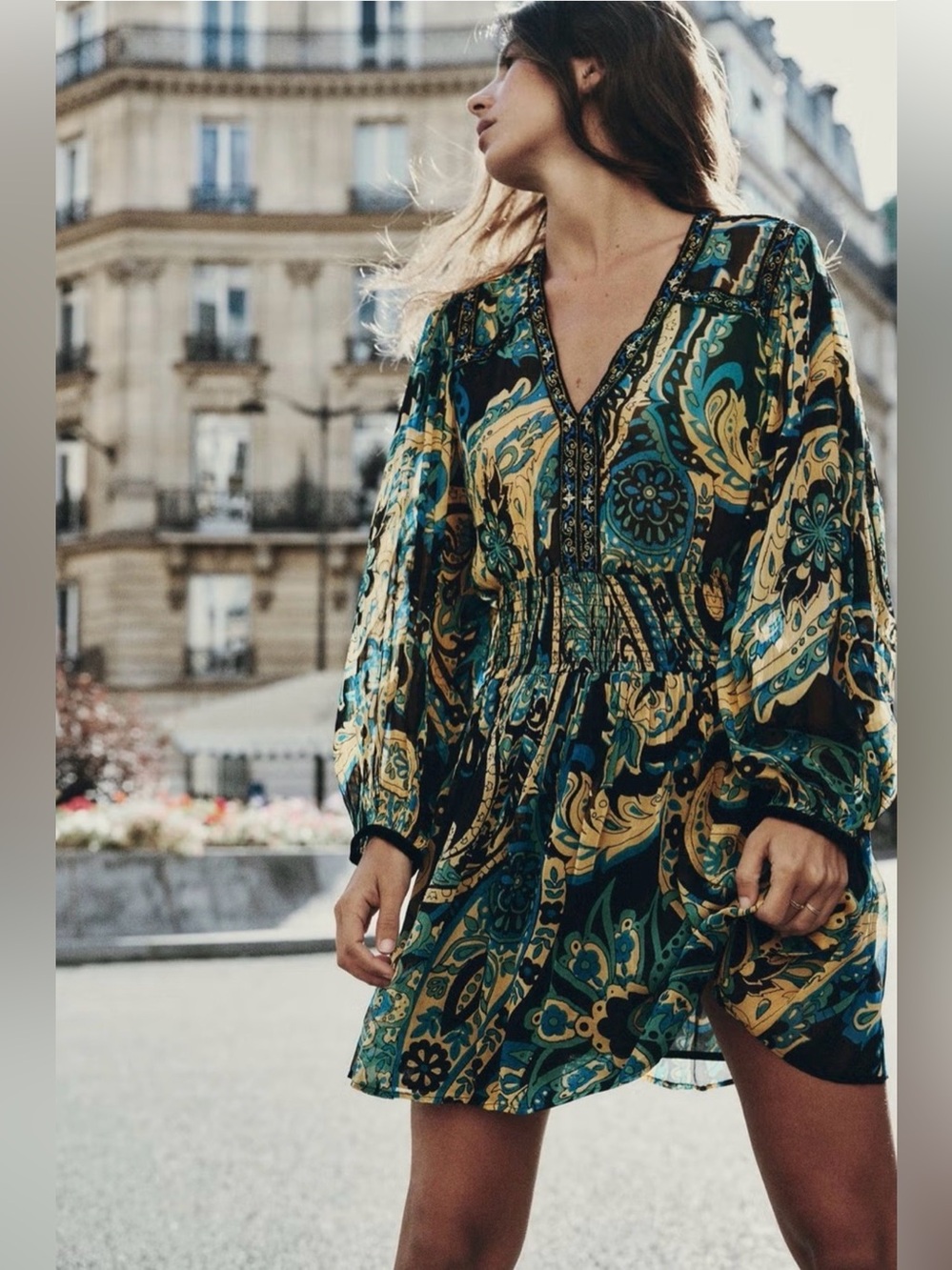 NWOT Zara Printed Balloon Sleeves Mini Dress with Embroidery Velvet Piping